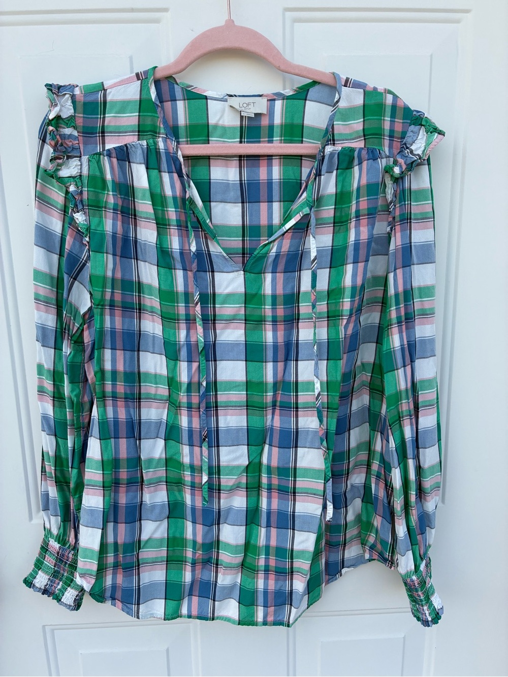 LOFT Green Plaid Ruffle-Shoulder Peasant Top Lightweight Size Large Women’s